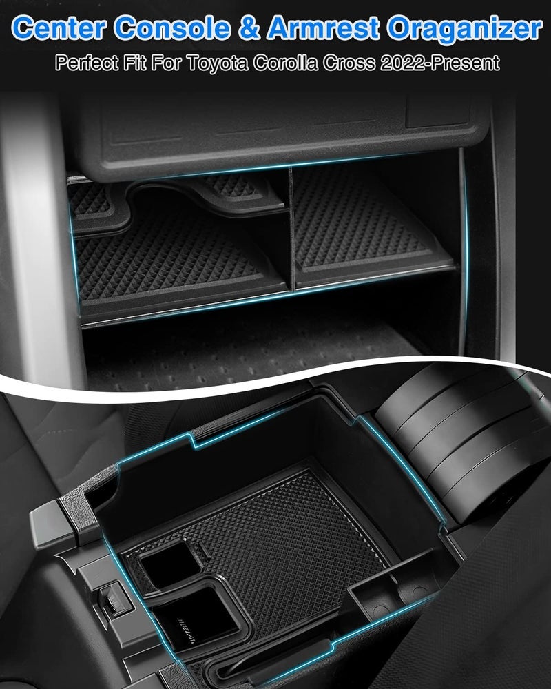 صينية تنظيم الكونسول المركزي 2PCS لفئة تويوتا كورولا كروس L/Hybrid S لعام 2022-2025 بدون شاحن لاسلكي من نوع Qi، ملحقات كورولا كروس صينية الكونسول الوسطى صندوق تخزين مسند ذراع حصيرة غير قابلة للانزلاق - Image 2